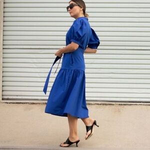 Elegant Blue Midi Puff Sleeve Dress